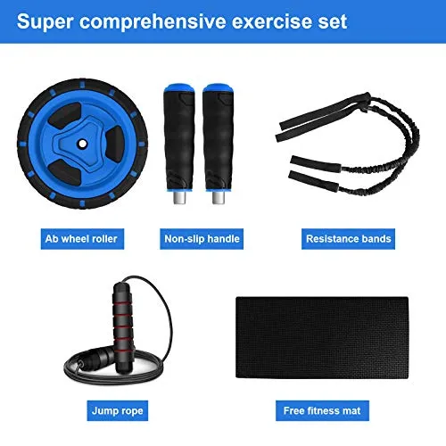 Abs Wheel Roller for Abs Exercise Workout Fitness -Ab Wheel Roller with Resistance Band and Jump Rope -Perfect Home Gym Equipment for Men Women Abdominal Exercise-Blue