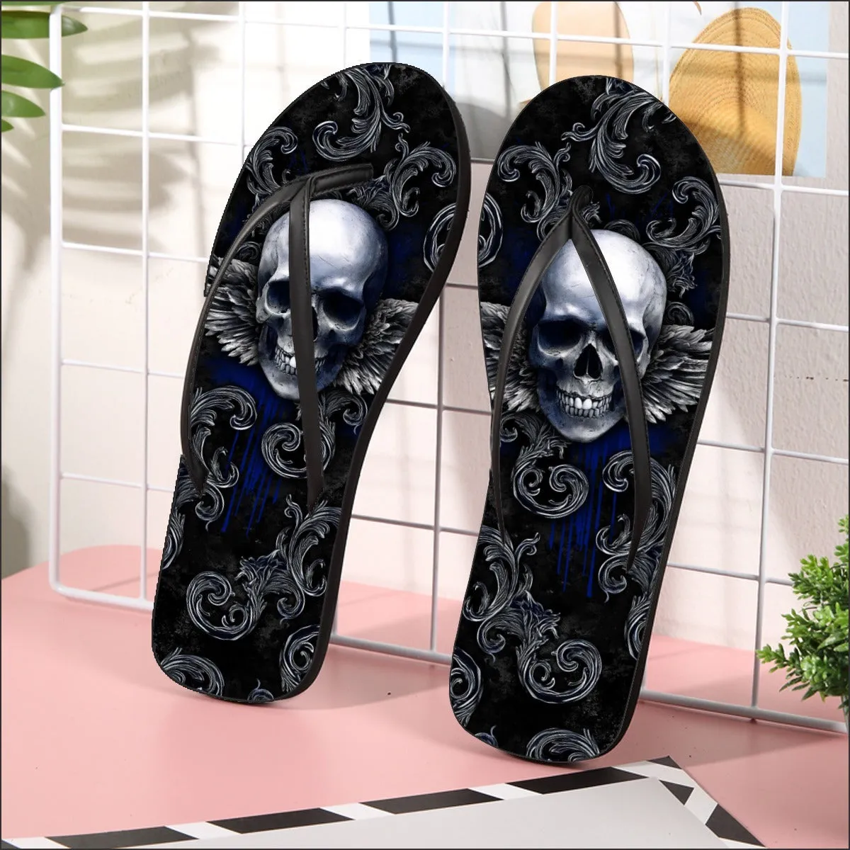 Dark Blue Skull Gothic Flip Flops for Women Beach