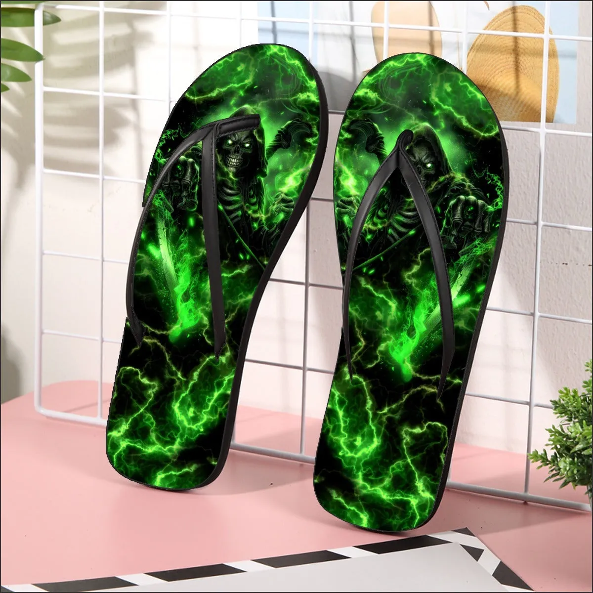 Green Grim Reaper Flip Flops for Women Beach