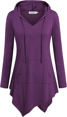 Irregular Hem Tunics for Womens, Long Sleeve Tops with Kangaroo Pocket,Purple,Medium