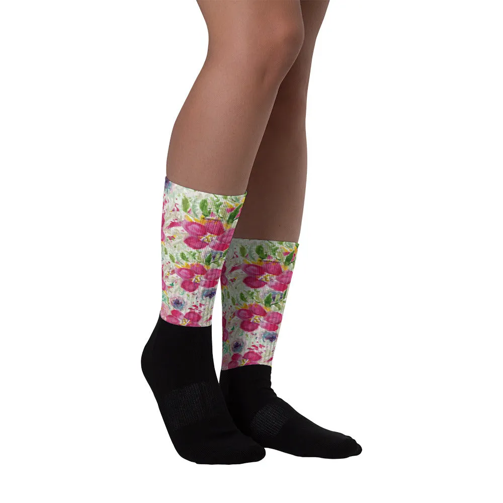 Pink Rose Floral Designer Black Foot Sublimated Socks - Made in USA/ Europe
