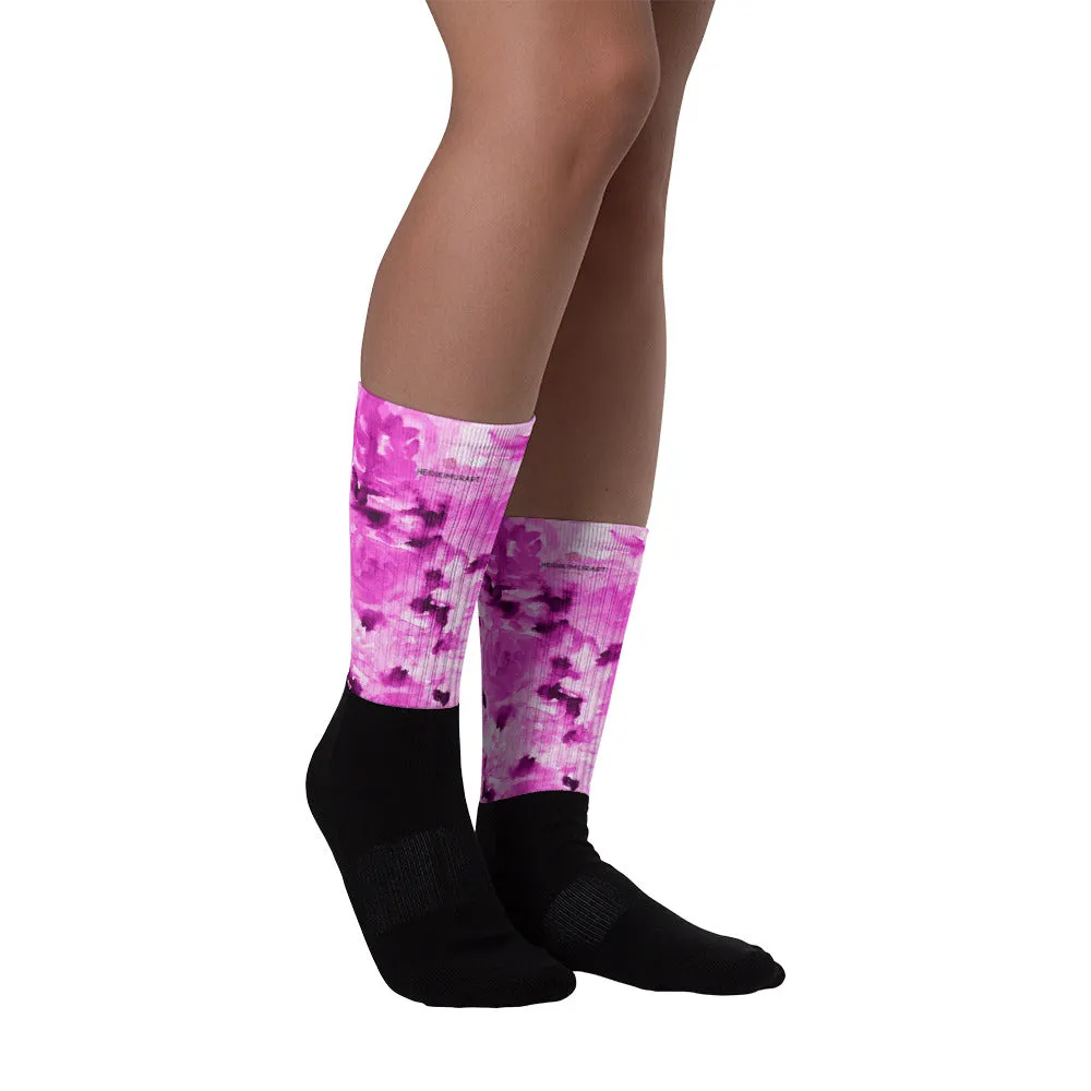 Pink Rose Floral Print Designer Black Foot Sublimated Socks - Made in USA/ Europe